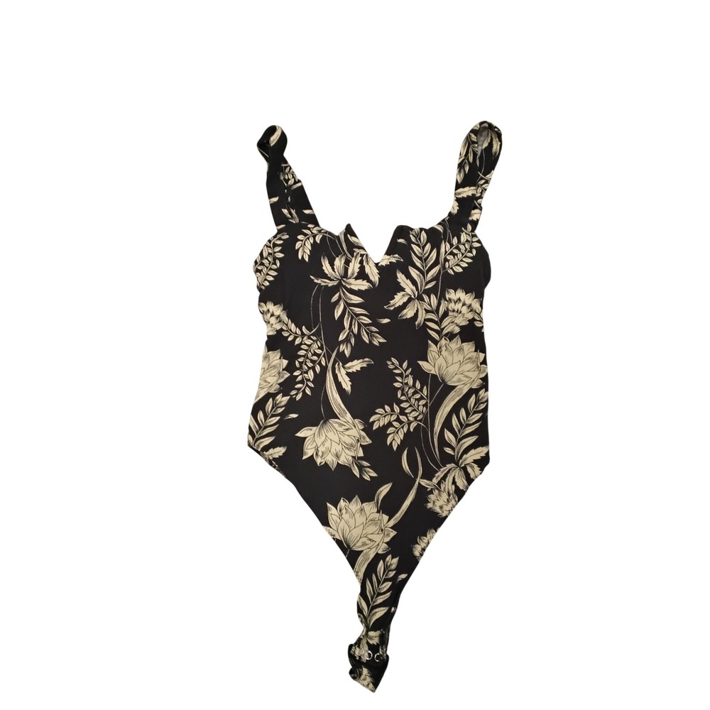 Intimately Free People Black Floral Ribbed Bodice Ruffle Strap Bodysuit XS